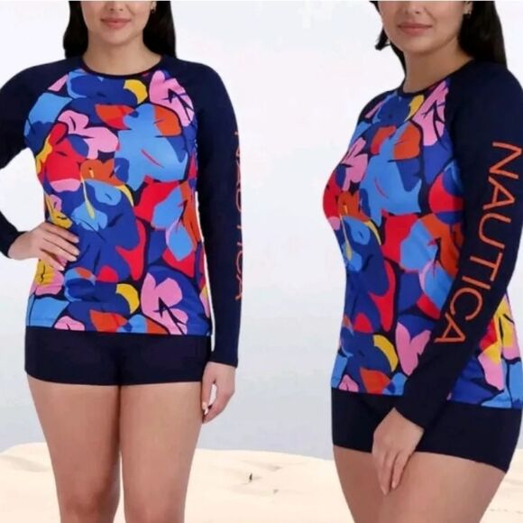 Nautica Women's Into the Jungle Floral Swim Rashguard Sun Top UPF 30 NWT Size L - Picture 2 of 7